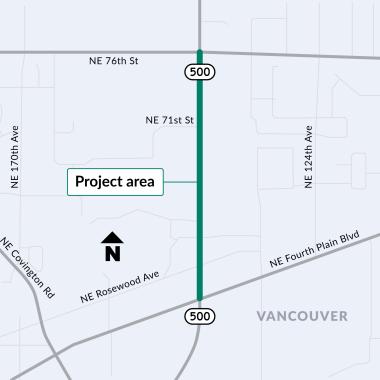 Satellite image has straight line of SR 500 road highlighted with a red line outlining the project area (MP 5-7) have a green box showing the start and end. 