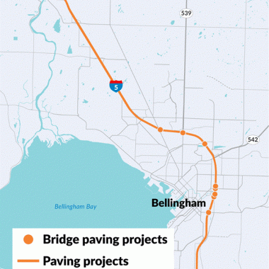 A map of I-5 Between Bellingham and Ferndale with several locations highlighted with orange dots to show work area.