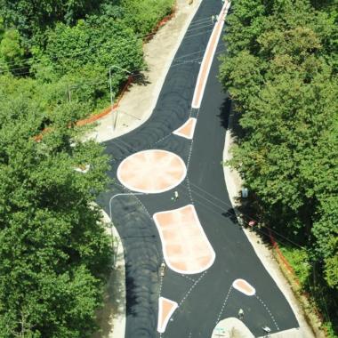 Aerial view of new State Route 203 roundabout, with two center islands.