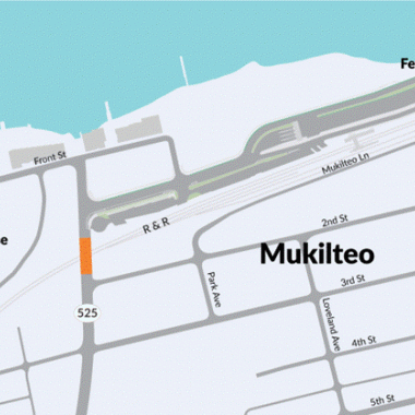 A map showing an orange line representing the SR 525 bridge over the railroad project in Mukilteo, Washington near the new ferry landing. 