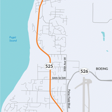  A map with an orange line showing the limits the SR 525/ SR 525 Spur Vic to Mukilteo Ferry Terminal – HMA Paving and ADA Compliance project. The SR 525/ SR 525 Spur Vic to Mukilteo Ferry Terminal – HMA Paving and ADA Compliance project begins just north of the SR 526 spur (milepost 5.72) and ends at the ferry terminal (milepost 8.47).