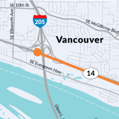 Project map of SR 14 with highlighted section of project area.