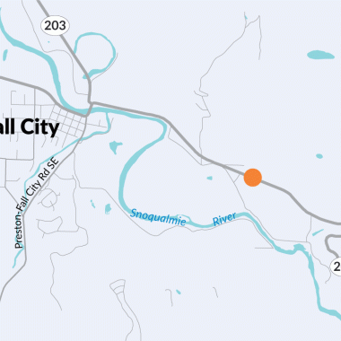 A map that shows an orange dot where WSDOT will place a fish-passable structure under SR 202, just south of Fall City at Mud Creek.