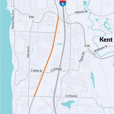 A picture of a map showing an orange line along State Route 99 where ADA improvements will be made from South 272nd Street to SR 512.