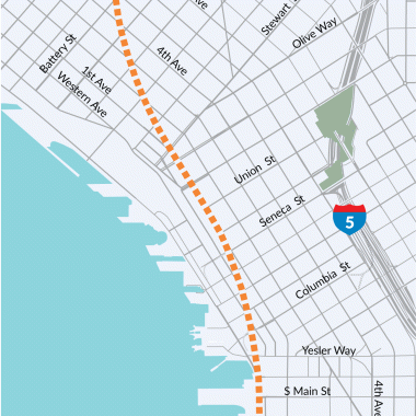 A map showing an orange line where the pavement will be textured in the SR 99 tunnel in downtown Seattle.