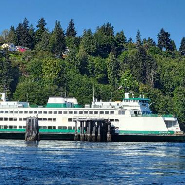 A ferry docks at a terminal with trees in the background