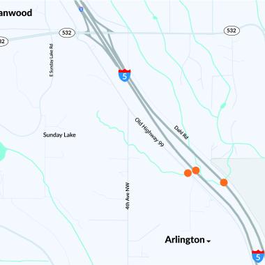 Orange dots on a graphic map show that the Secret Creek fish passage crossings along I-5 in North Snohomish County.