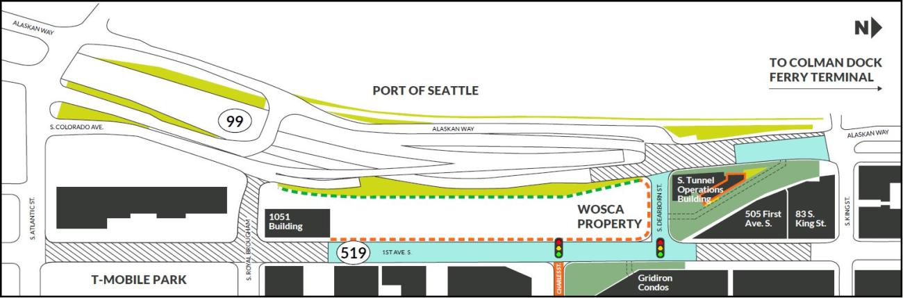 A colored map showing blue work areas on First Avenue South between South Royal Brougham Way and South Dearborn Street, on Dearborn Street, and green work areas on Railroad Way South between Alaskan Way and the Gridiron Condos