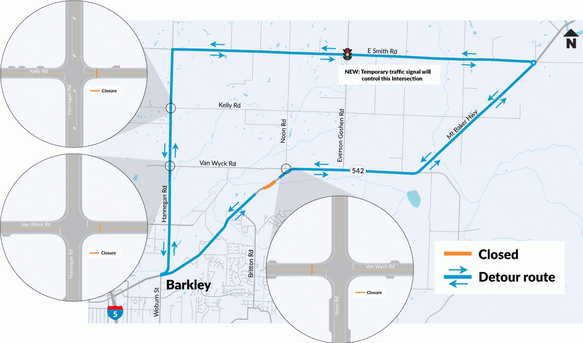 Map of Squalicum Creek to Bellingham Bay fish passage project vicinity with detour and travel impacts.