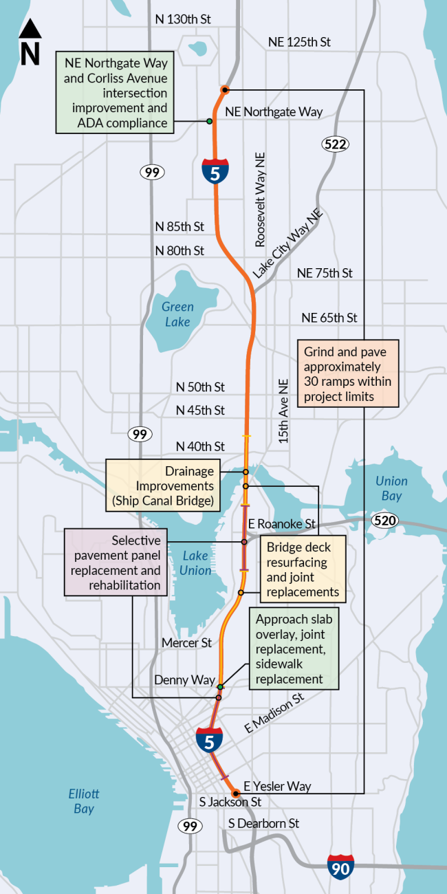 A map showing the project area from Yesler to Northgate Way