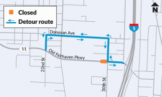 Map showing SR 11 detour and Padden Creek Fish Passage. 