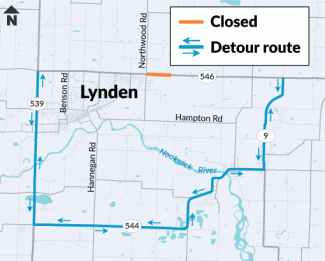 Map showing detour during 60-hour closure on SR 546 at Kamm Ditch fish passage project.