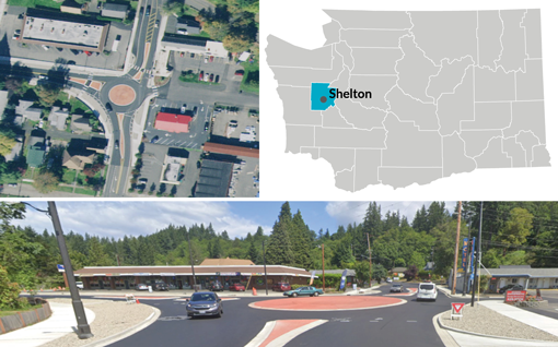 Example of single-lane roundabout on SR 3 in downtown Shelton, Washington