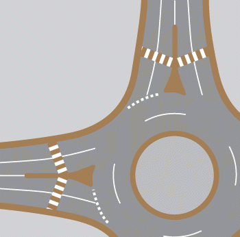 Sample image of a roundabout with multi-lane approaches and crosswalks shown in brown and white.