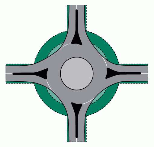 Graphic of a traffic circle in green with a modern roundabout overlaid on top.