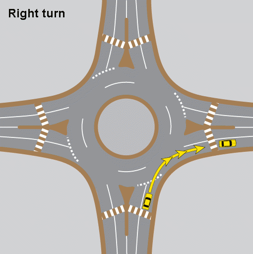 Graphic of a multi-lane roundabout showing a car in yellow and its path making a right turn.