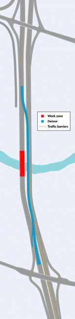 Detour map showing how I-5 southbound drivers will be routed off the Stillaguamish River bridge.