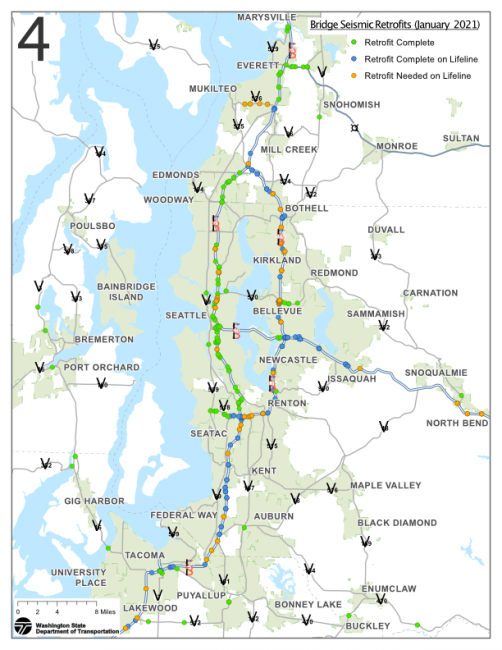 A map showing the locations of bridges to be strengthened against earthquakes.