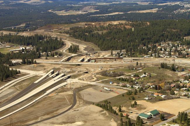 Aerial view during construction in 2010 of the US 2 lowering project and construction of the US 395 interchange with US 2.