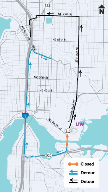 Map showing detour route for vehicle traffic during Montlake Bridge closure