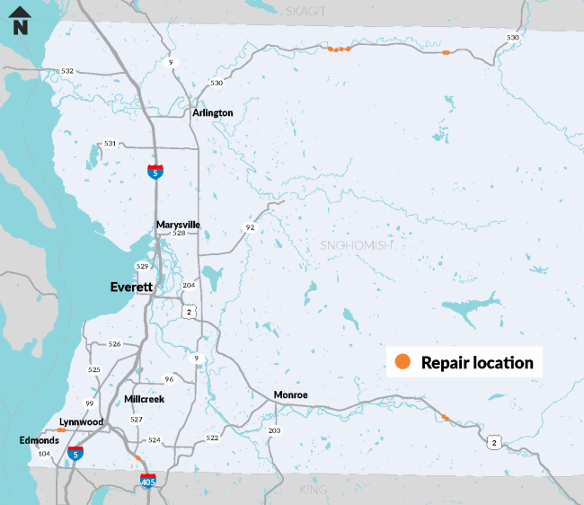 A map of Snohomish County that highlights multiple locations for paving repair projects.