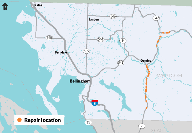 A map of Whatcom county that highlights multiple locations for paving repair projects.