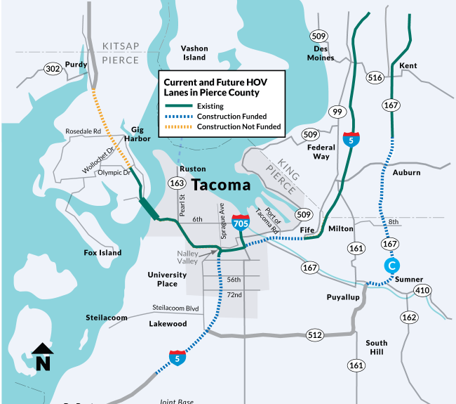 Current and future HOV lanes in Pierce County as of August 2022