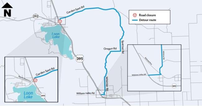 Detour map for construction of compact roundabout at the intersection of US 395 and SR 292 in Loon Lake. Access to US 395 at Garden Spot Road will be closed at times. Drivers will be detoured to US 395 via the town of Clayton. 