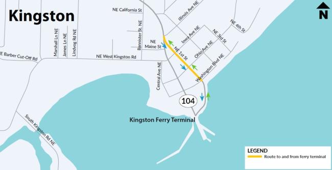 Map of Kingston and Kingston ferry terminal with yellow line showing two-way traffic on Northeast 1st Street going to and from Washington State ferry terminal 