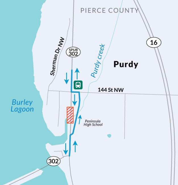 Map of Purdy showing work zone location on SR 302/Purdy Drive over Purdy Creek and detour route along Purdy Lane Northwest and 144th Street Northwest.