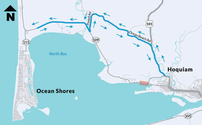 A map of Hoquiam and Ocean Shores showing the detour route along Powell Road, Ocean Beach Road and US 101 with an orange box to the left of the SR 109 Spur indicating the work zone location.