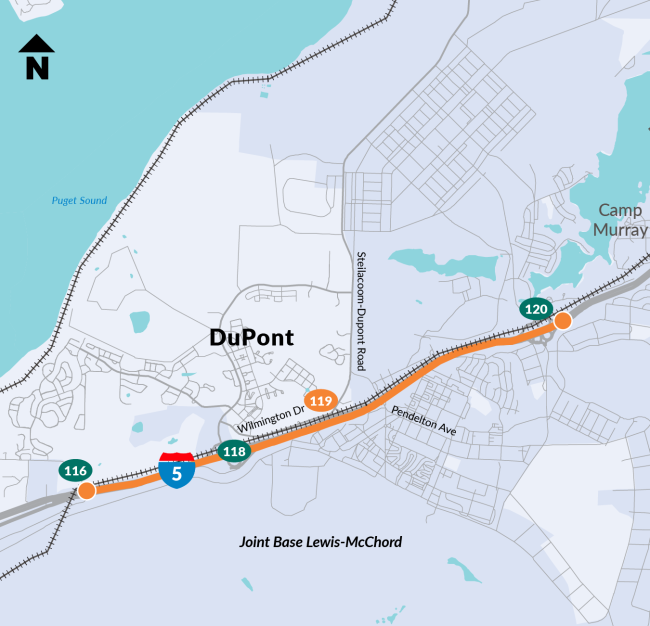 Vicinity map showing location of construction on I-5 in Pierce County near DuPont.