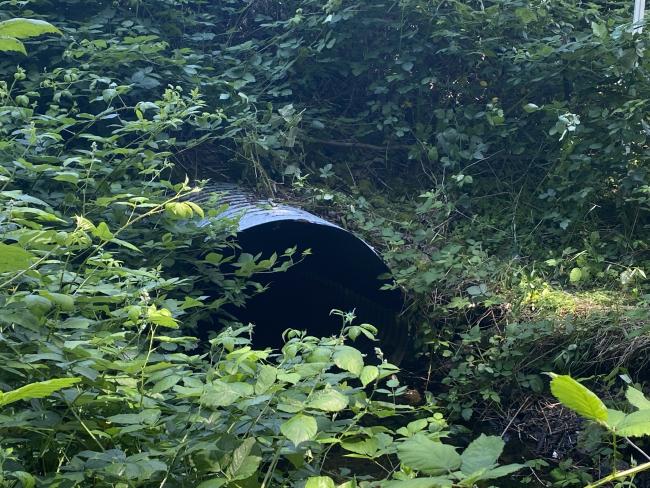 Photo shows 18-inch pipe under that transports North Creek under State Rout 96 near Mill Creek.