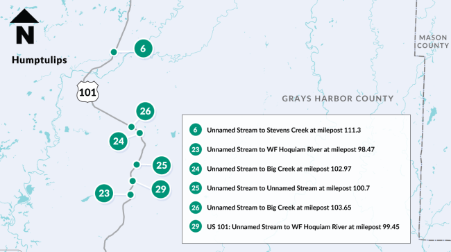 Map of six culvert locations under US 101 under construction in 2023