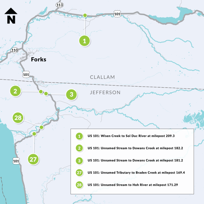 Map of work zones on U 101 Clallam and Jefferson Counties. Locations include Wisen Creek to Sol Duc River at milepost 209.3, Unnamed Stream to Dowans Creek at milepost 182.2, Unnamed Stream to Dowans Creek at milepost 181.2, and Unnamed Tributary to Braden Creek at milepost 169.4 Site 28: Unnamed Stream to Hoh River at milepost 171.29. North arrow points up.  