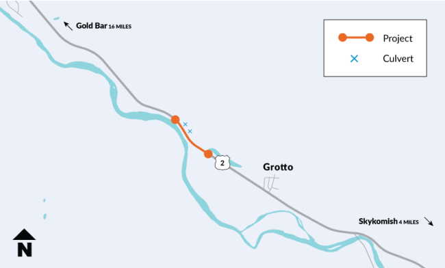 Map shows location of US 2 work between Skykomish and Gold Bar marked in orange and culverts marked with blue X's.