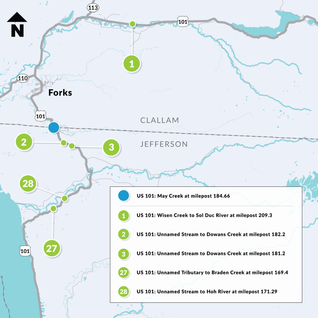 Map of the northwest Olympic Peninsula with the US 101 May Creek work zone marked by a blue dot and five additional sites that will have work summer 2024 and 2025 marked with green dots.