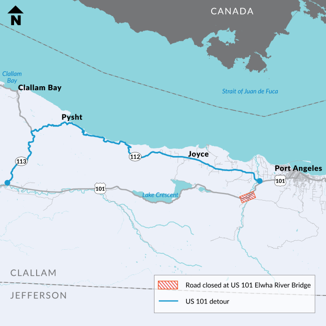 A map showing the detour around the Elwha River Bridge