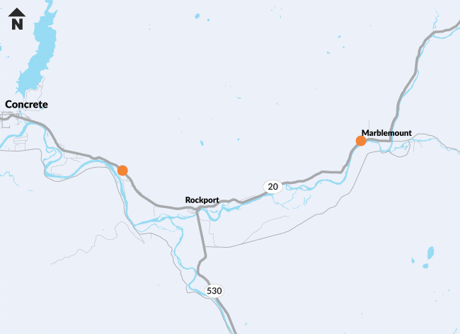 Map shows locations of SR 20 fish passage work with orange dots between Concrete and Rockport and Rockport and Marblemount.