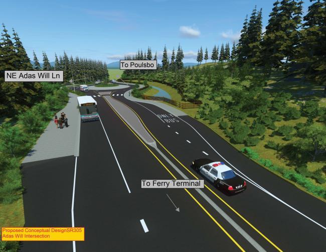 Design visualization of proposed roundabout at Adas Will Lane. To Poulsbo at the top and to Ferry Terminal at the bottom.