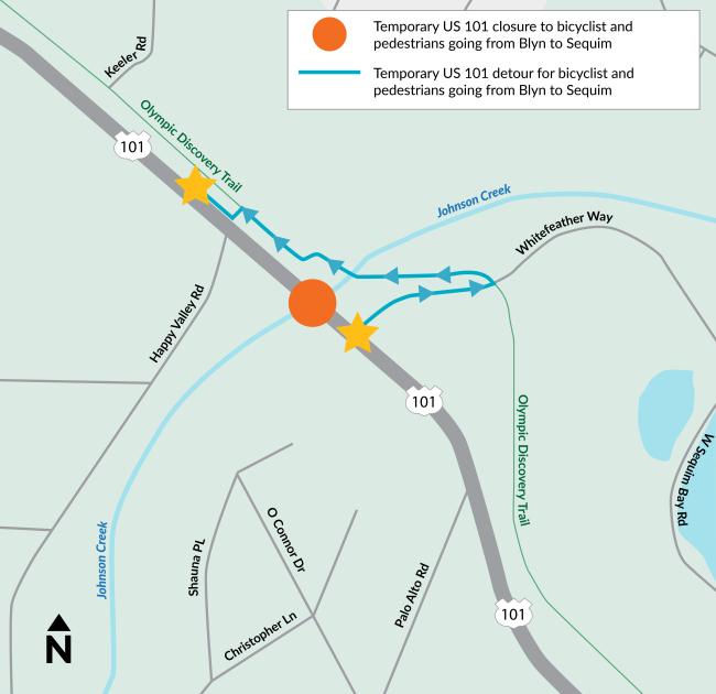 Map of Sequim showing US 101 with temporary detour for people walking for riding between Blyn and Sequim from US 101 to Olympic Discovery Trail. 