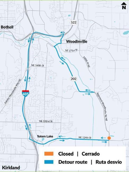 Map shows closure of SR 202 between Redmond and Woodinville and the detour route around it.