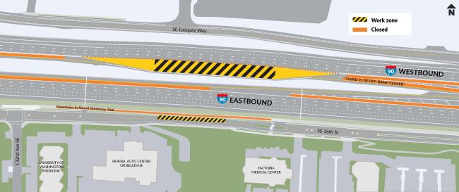 A graphic showing the lane shift to the right on westbound I-90 within the Sunset Creek fish passage work zone.