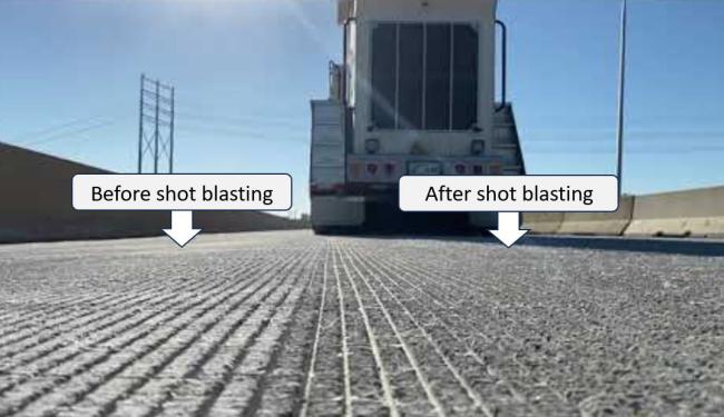 A photo showing two different road surfaces – one is much more coarse after being shot-blasted. 