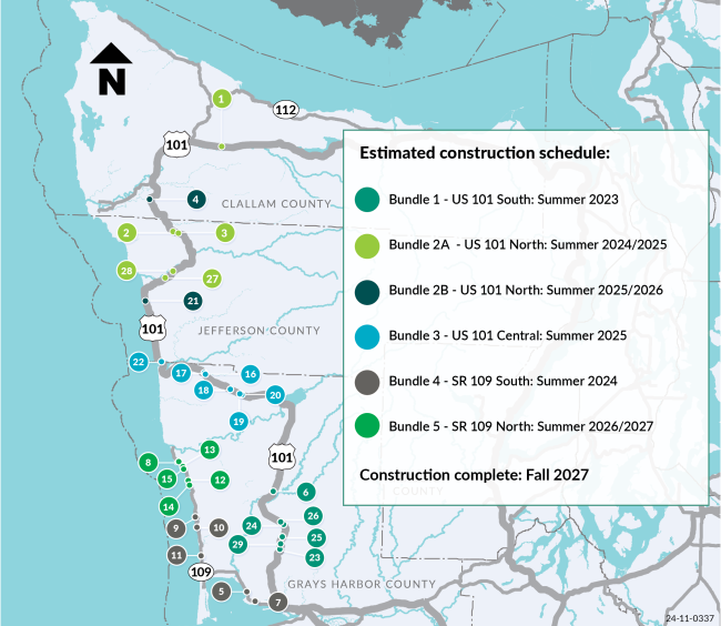 Map of Clallam, Jefferson, and Grays Harbor Counties. Dots over multiple locations of US 101 and SR 109 multiple work zones spread out between summer 2023 and 2027. Construction complete fall 2027. North arrow points up.