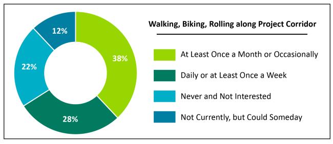 Pie chart showing how often people bike, walk or roll along the US 395 corridor between the Division Wye and Wanderemere in Spokane 