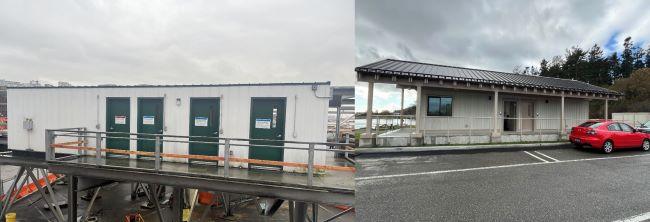 The image is a split view showing two different structures. On the left side, there is a portable building with a white facade and four dark green doors. On the right side, there is a permanent building with a light beige exterior and a dark brown roof.