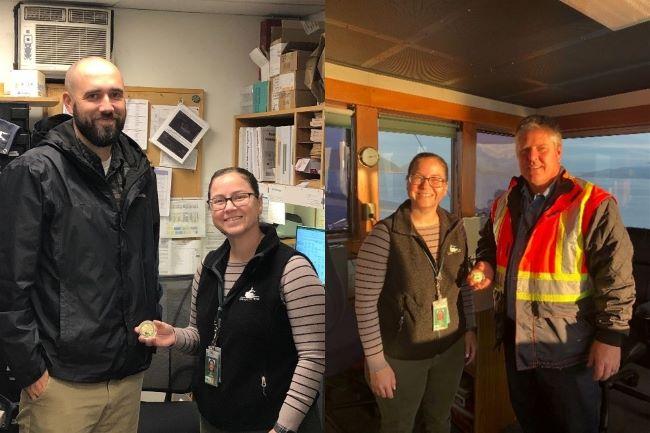 The image is split into two side-by-side sections. On the left, a man and a woman are standing in an office space. On the right, the same woman is posing with another man wearing a bright orange high-visibility vest over a dark jacket in a room with wooden paneling and windows showing a view of water. The woman in each section is holding a coin.