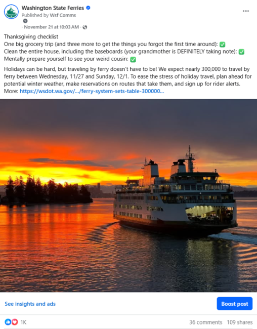 Facebook post from Washington State Ferries, featuring a scenic photograph of a ferry traveling on reflective water during a vibrant sunset and text that includes Thansgiving weekend travel info and tips 