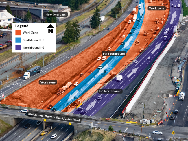 A diagram showing three southbound Interstate 5 travel lanes shifting towards the median for bridge construction. A purple swath of color highlights northbound lanes and blue shows the southbound traffic shift. Orange highlights the work zones between directions of traffic and to the left of southbound. Labels show the location of Steilacoom-DuPont Road (bridge) and the footings of the new overpass at the top left of the image.